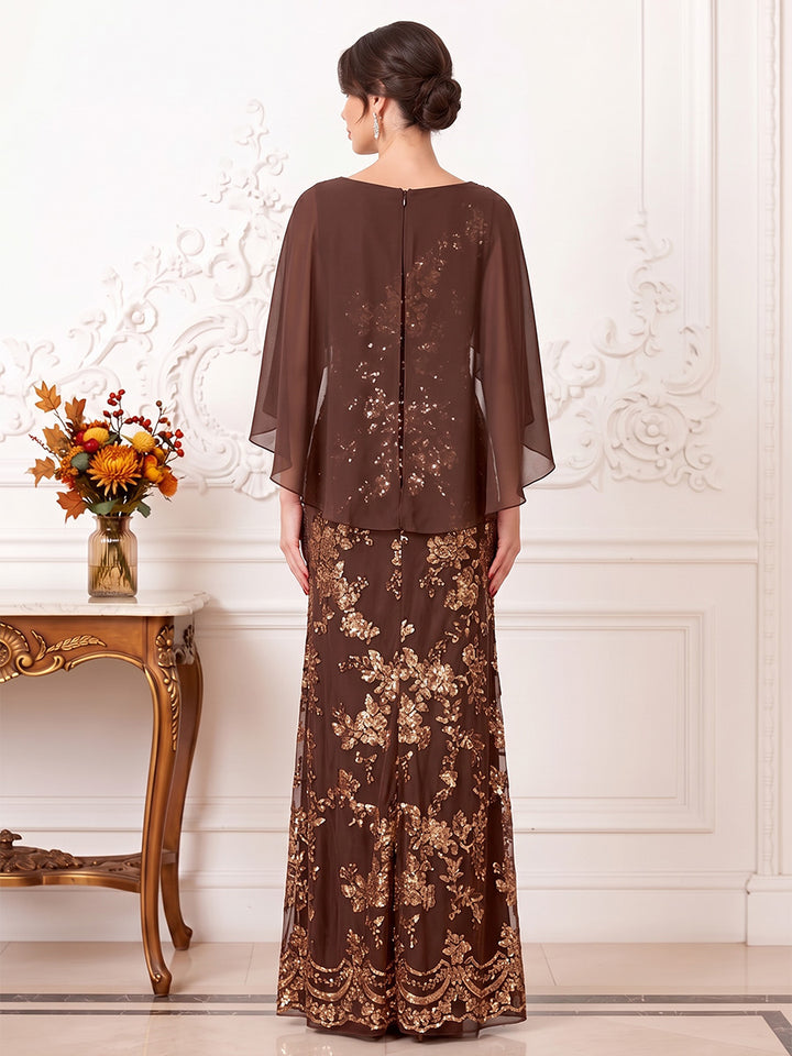Sheath/Column  Scoop  3/4 Sleeves  Chiffon  Floor-Length  Mother of the Bride Dresses  with Cape