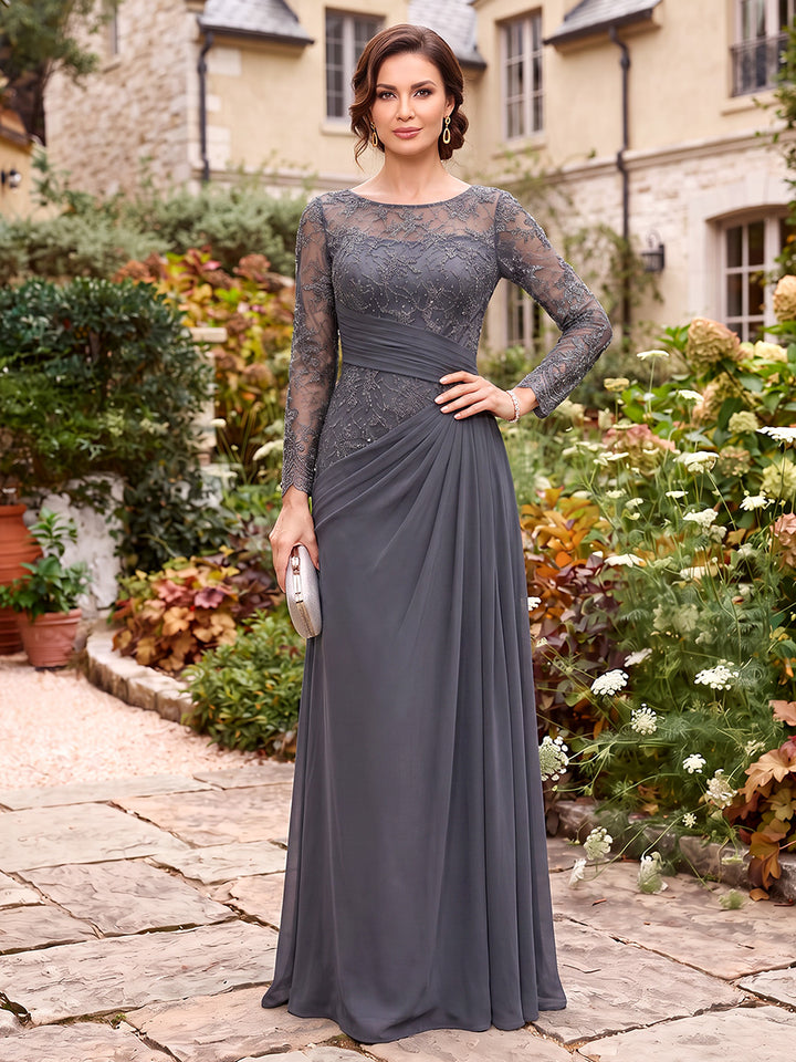 A-Line/Princess  Scoop  Long Sleeves  Chiffon  Floor-Length  Mother of the Bride Dresses  with Applique&amp;Ruffles