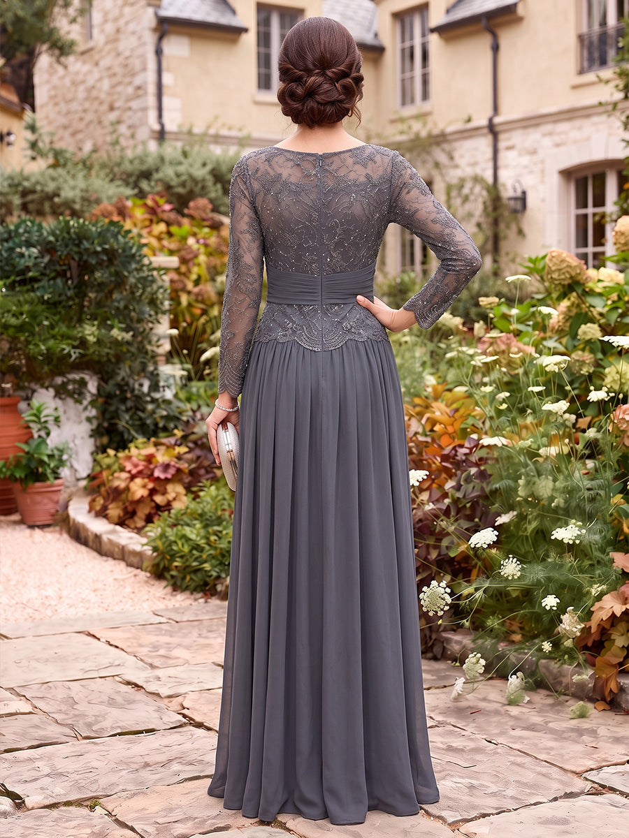 A-Line/Princess  Scoop  Long Sleeves  Chiffon  Floor-Length  Mother of the Bride Dresses  with Applique&amp;Ruffles