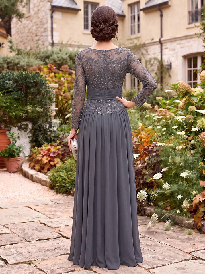 A-Line/Princess  Scoop  Long Sleeves  Chiffon  Floor-Length  Mother of the Bride Dresses  with Applique&amp;Ruffles