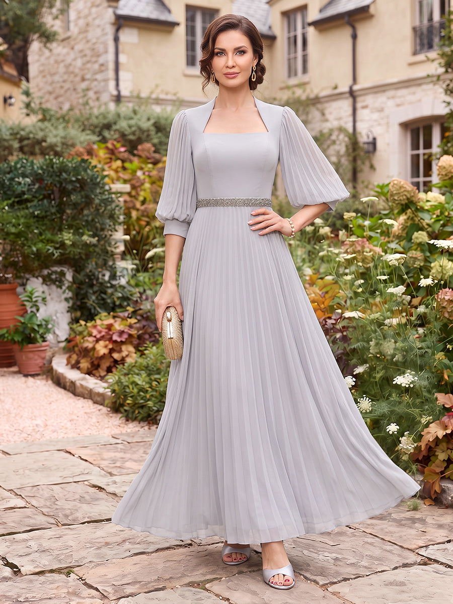 A-Line/Princess  Square Neck  Half Sleeves  Chiffon  Ankle-Length  Mother of the Bride Dresses  with Belt &amp; Pleats