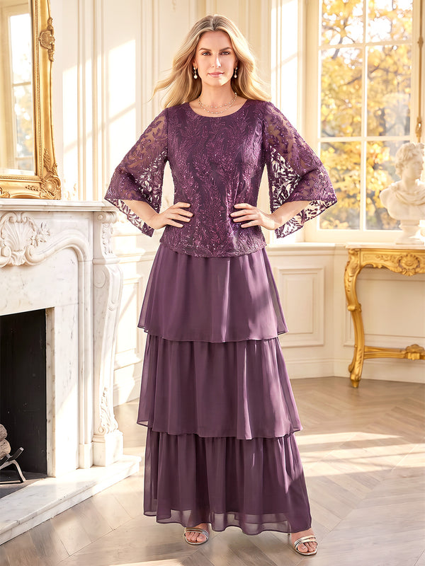 A-Line/Princess Scoop 3/4 Sleeves Chiffon Ankle-Length Mother of the Bride Dresses with Applique & Sequins