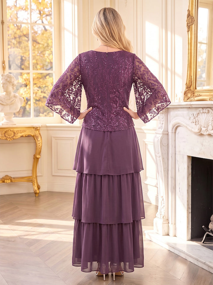 A-Line/Princess Scoop 3/4 Sleeves Chiffon Ankle-Length Mother of the Bride Dresses with Applique &amp; Sequins