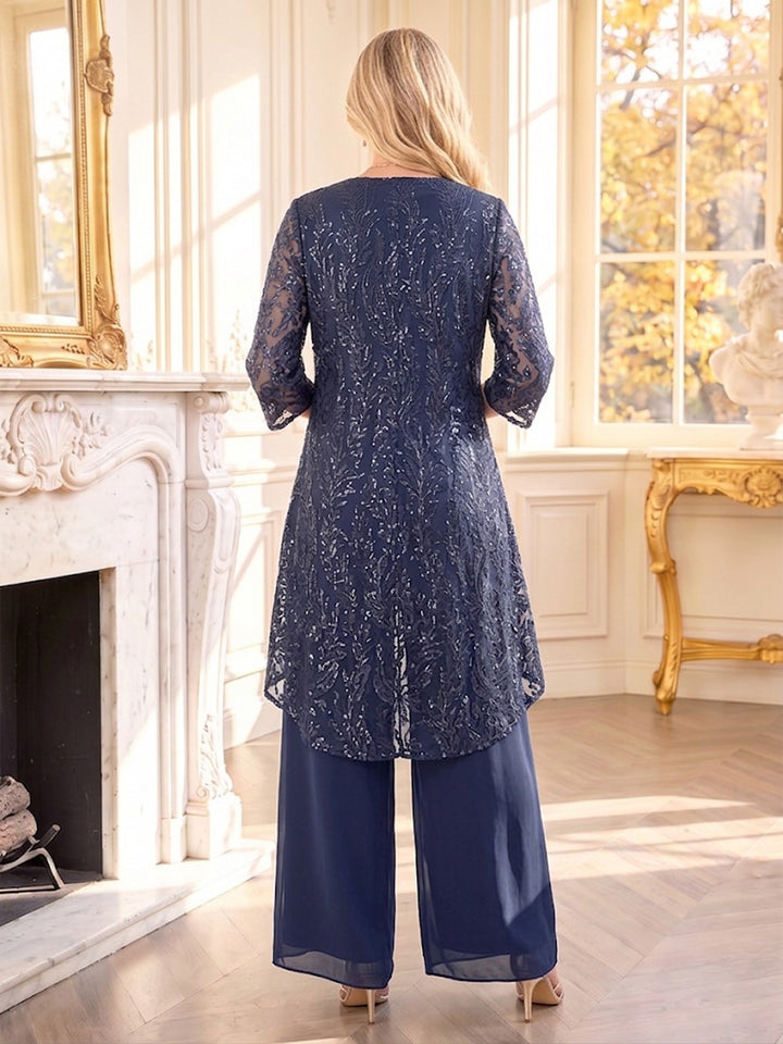Jumpsuits Scoop 3/4 Sleeves Chiffon Floor-Length Mother of the Bride Dresses with Jacket &amp; Applique