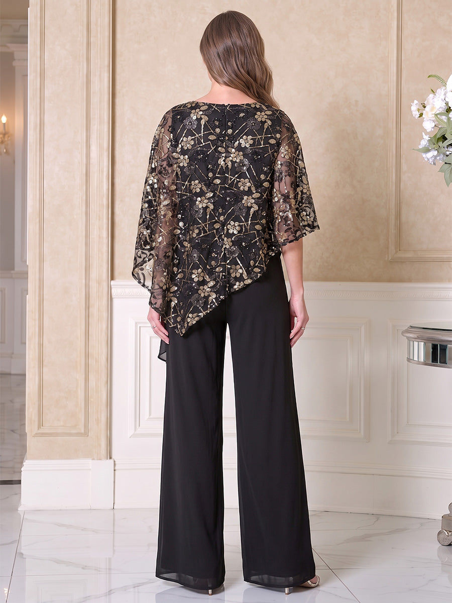 Jumpsuits Scoop Cap Sleeves Chiffon Floor-Length Mother of the Bride Dresses with Applique