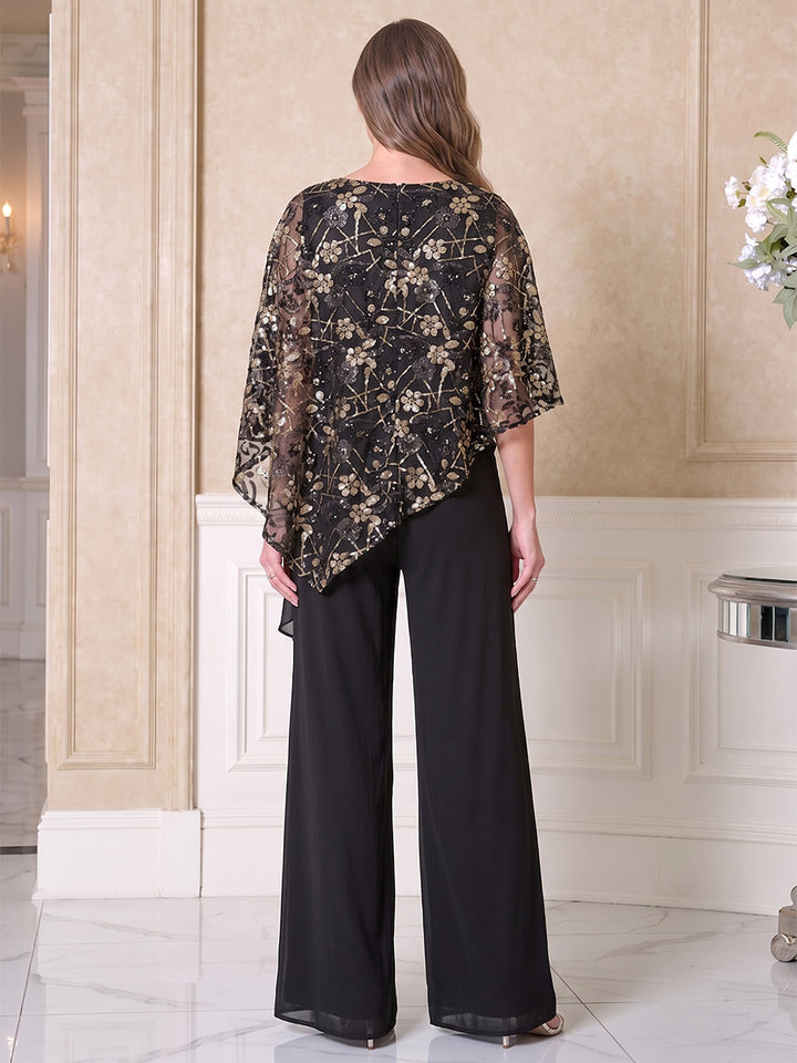 Jumpsuits Scoop Cap Sleeves Chiffon Floor-Length Mother of the Bride Dresses with Applique
