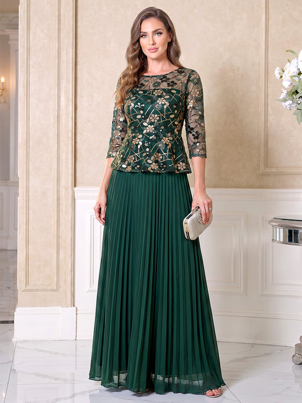 A-Line/Princess Scoop 3/4 Sleeves Chiffon Floor-Length Mother of the Bride Dresses with Appliques & Pleats