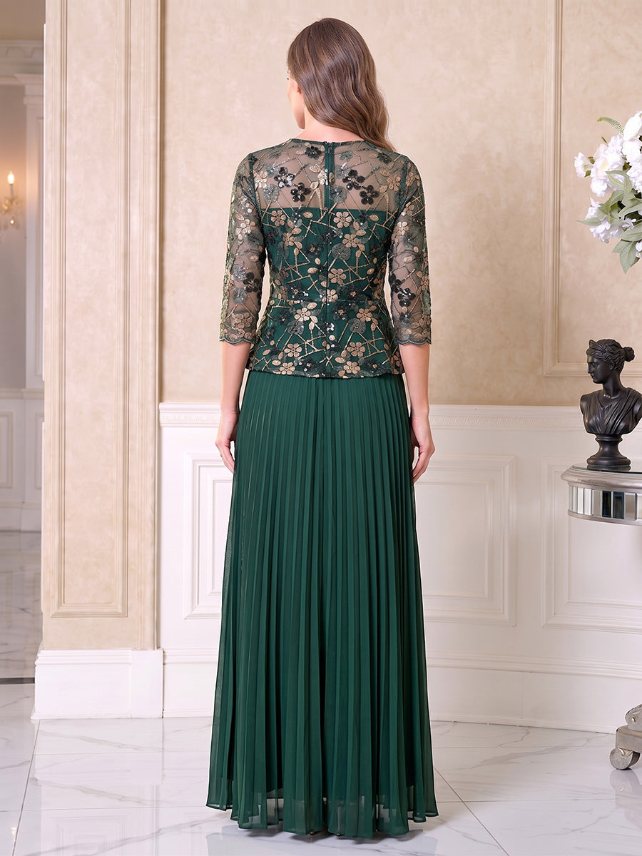 A-Line/Princess Scoop 3/4 Sleeves Chiffon Floor-Length Mother of the Bride Dresses with Appliques &amp; Pleats