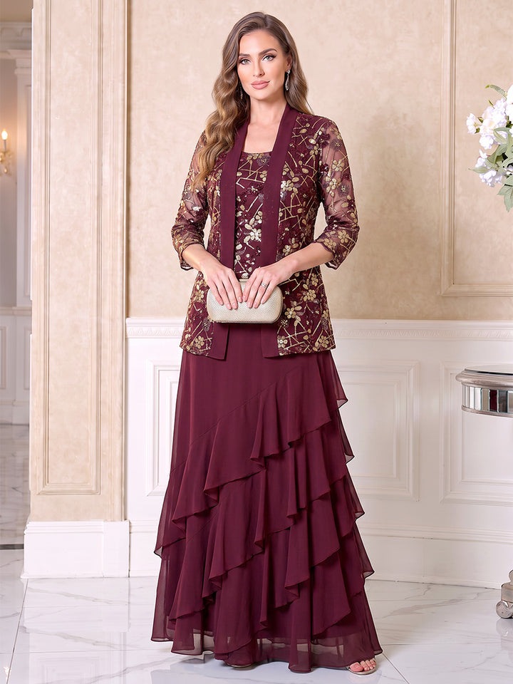 A-Line/Princess Scoop 3/4 Sleeves Chiffon Floor-Length Mother of the Bride Dresses with Appliques &amp; Tiered