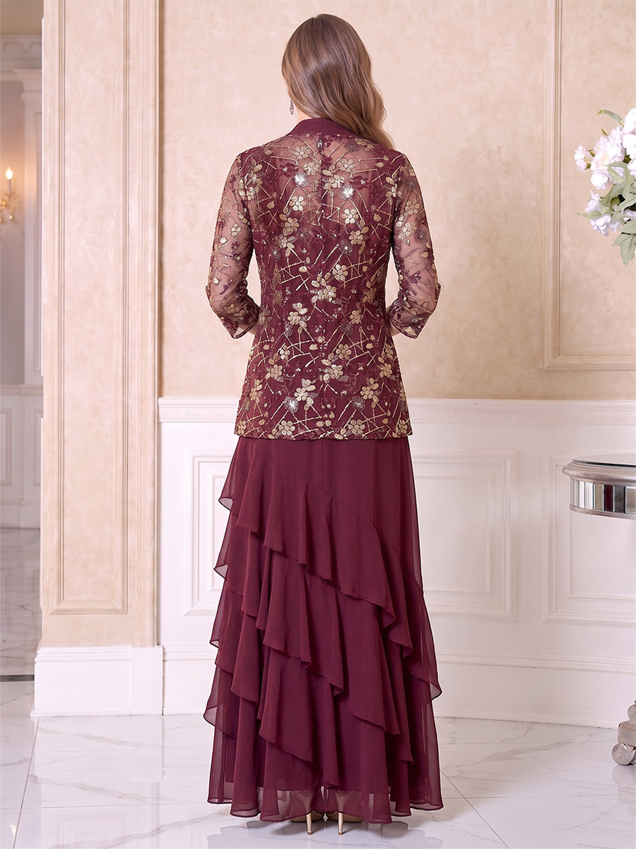 A-Line/Princess Scoop 3/4 Sleeves Chiffon Floor-Length Mother of the Bride Dresses with Appliques &amp; Tiered