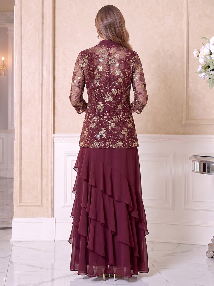 A-Line/Princess Scoop 3/4 Sleeves Chiffon Floor-Length Mother of the Bride Dresses with Appliques &amp; Tiered