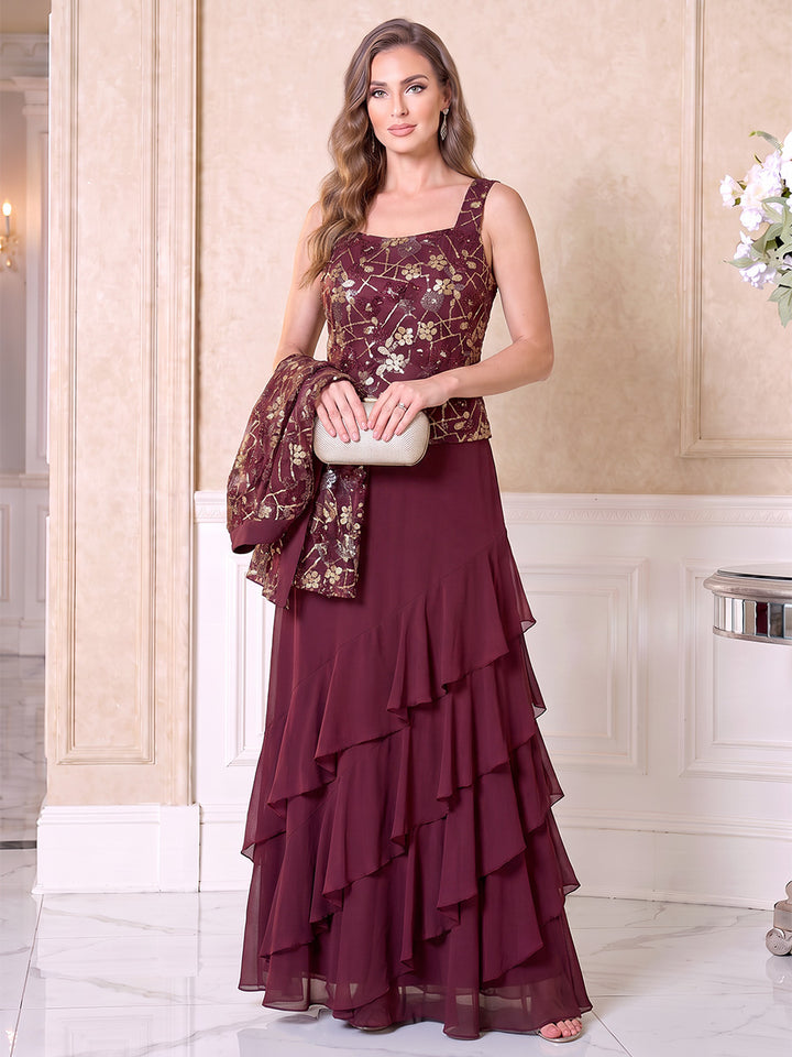 A-Line/Princess Scoop 3/4 Sleeves Chiffon Floor-Length Mother of the Bride Dresses with Appliques &amp; Tiered