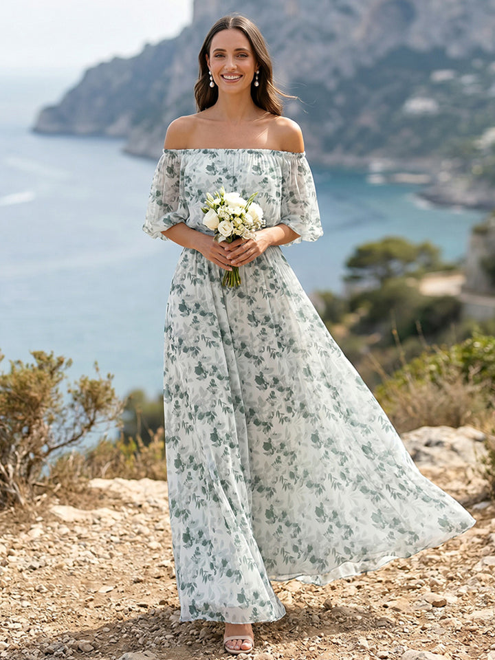 A-Line/Princess Off-the-Shoulder Half Sleeves Floor-Length Bridesmaid Dresses with Pleats