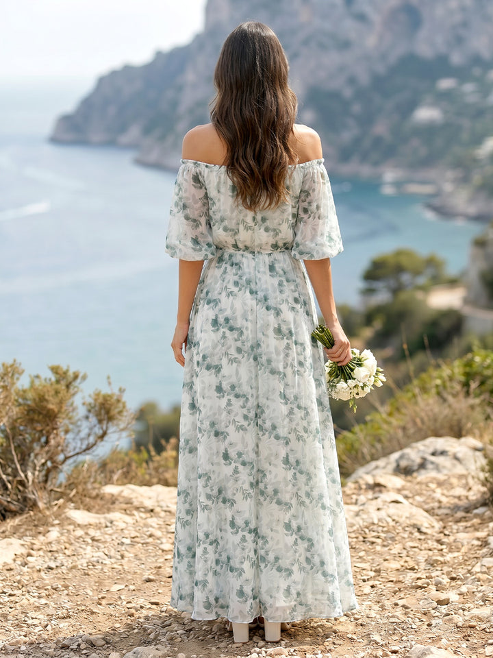 A-Line/Princess Off-the-Shoulder Half Sleeves Floor-Length Bridesmaid Dresses with Pleats