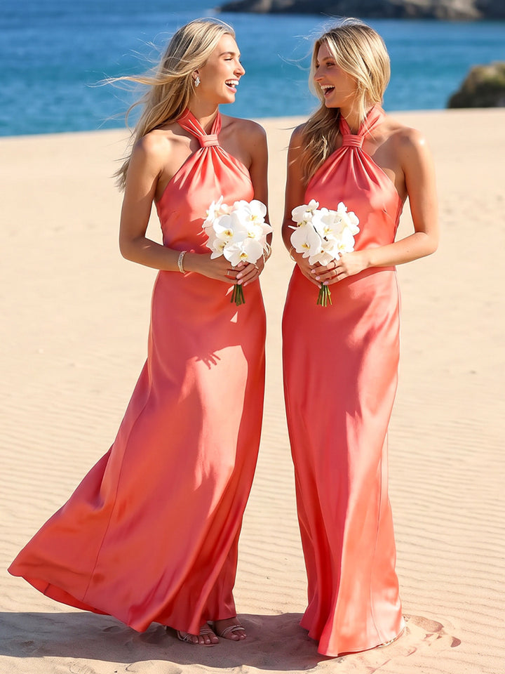 Sheath/Column Halter Sleeveless Floor-Length Bridesmaid Dresses with Ruched