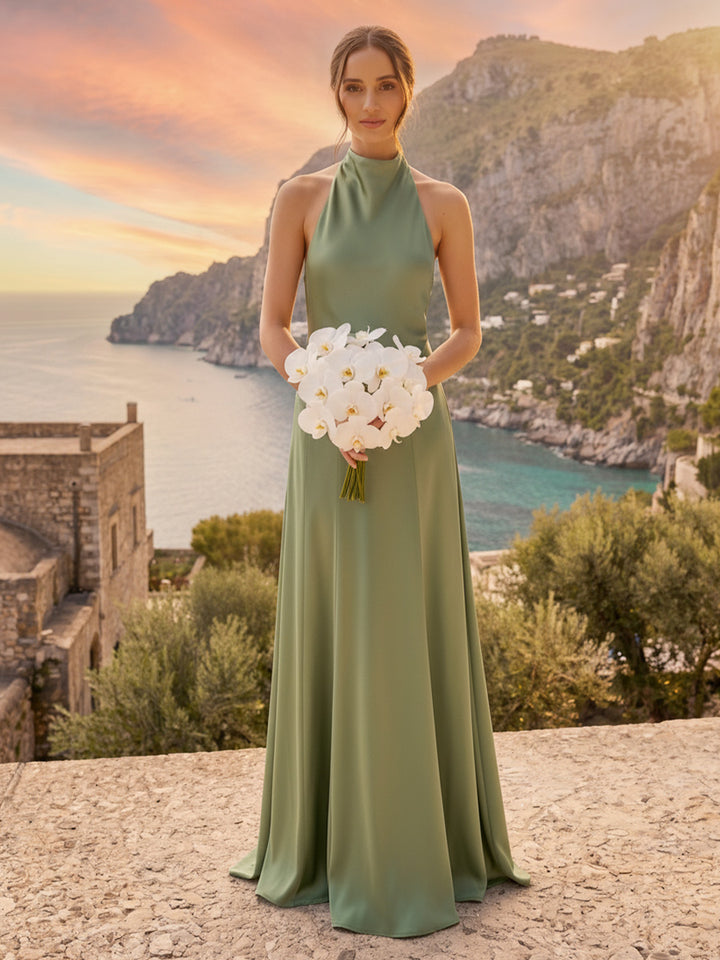 A-Line/Princess Halter Sleeveless Floor-Length Bridesmaid Dresses with Ruched