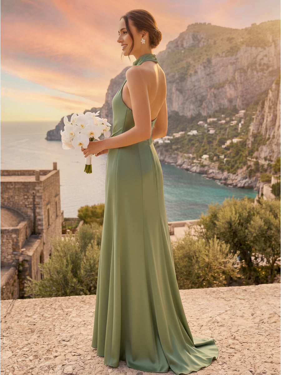 A-Line/Princess Halter Sleeveless Floor-Length Bridesmaid Dresses with Ruched