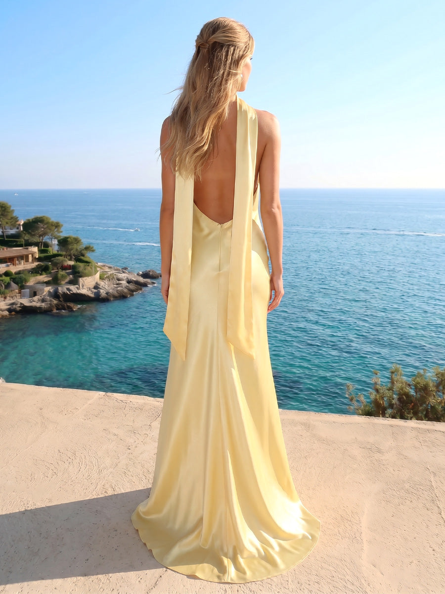 Sheath/Column Halter Sleeveless Floor-Length Bridesmaid Dresses with Ruched &amp; Scarf