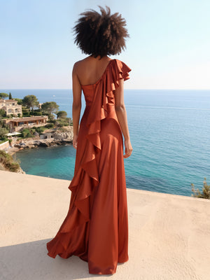 A-Line/Princess One-Shoulder Sleeveless Floor-Length Bridesmaid Dresses with Ruffles