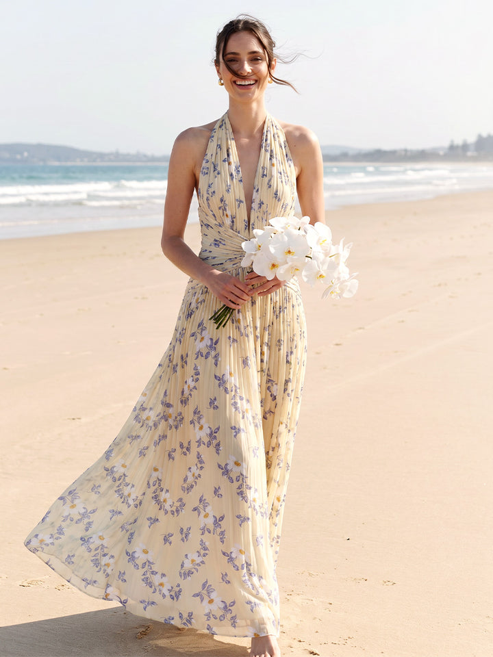 A-Line/Princess Sleeveless Halter Floor-Length Bridesmaid Dresses with Pleats