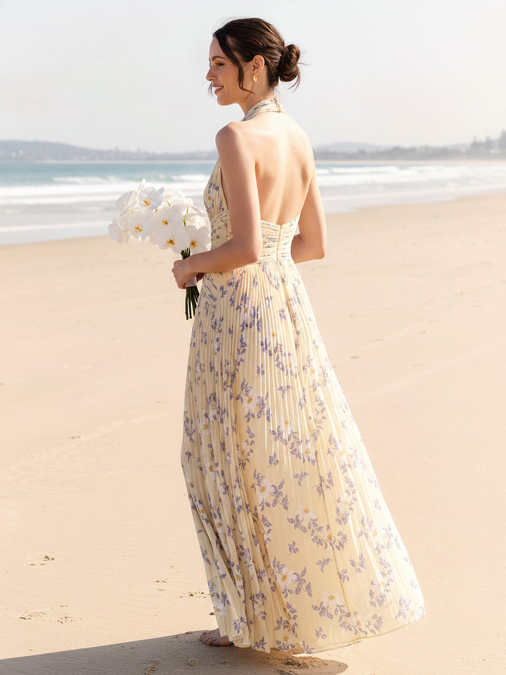 A-Line/Princess Sleeveless Halter Floor-Length Bridesmaid Dresses with Pleats