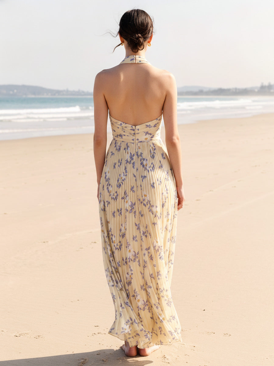 A-Line/Princess Sleeveless Halter Floor-Length Bridesmaid Dresses with Pleats