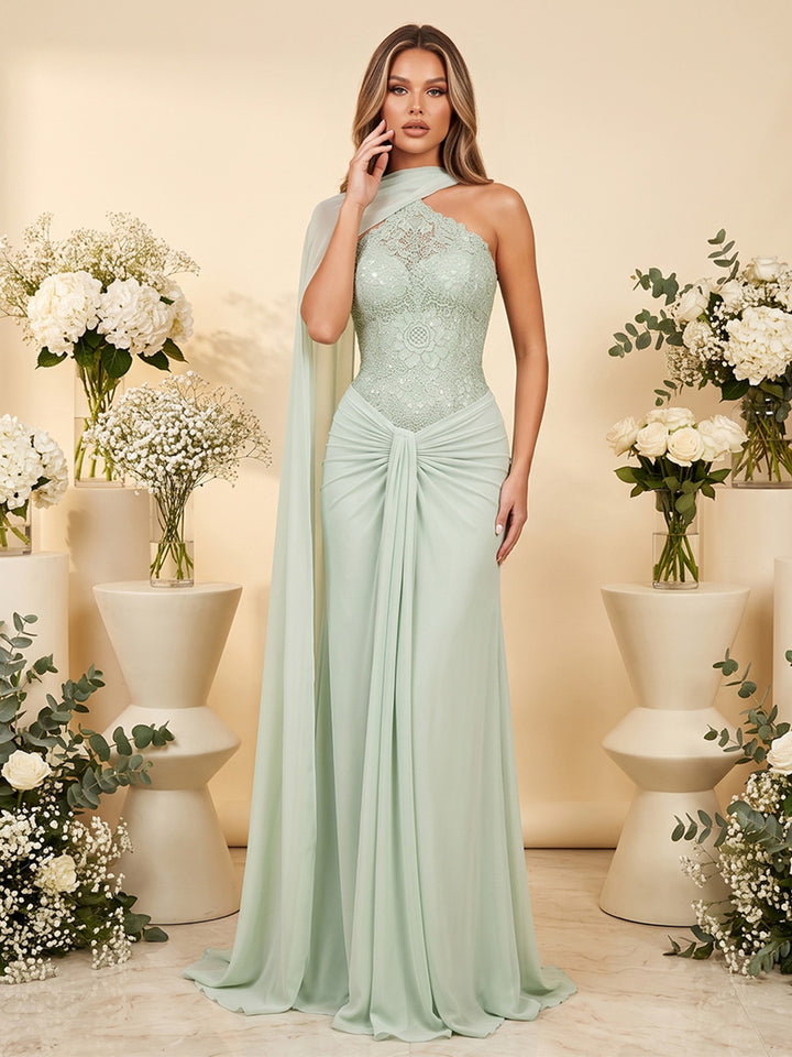 A-Line/Princess Scarf Neck One-Shoulder Floor-Length Long Bridesmaid Dresses With Applique &amp; Ruched