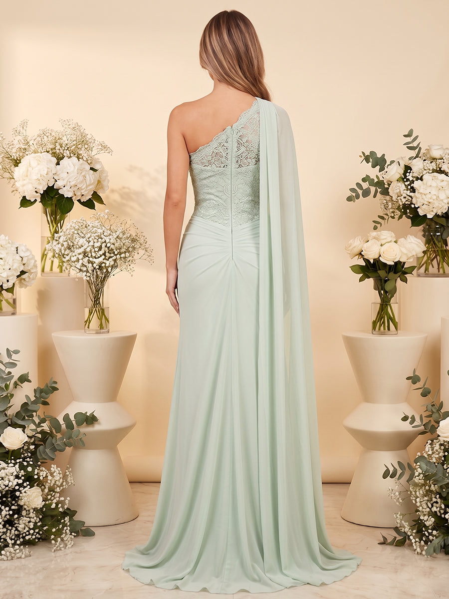 A-Line/Princess Scarf Neck One-Shoulder Floor-Length Long Bridesmaid Dresses With Applique &amp; Ruched