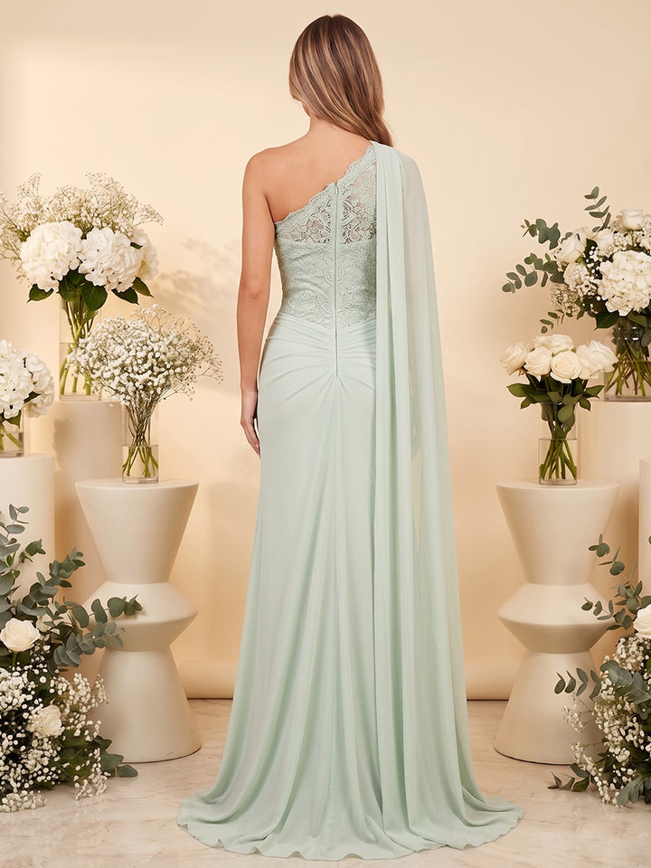 A-Line/Princess Scarf Neck One-Shoulder Floor-Length Long Bridesmaid Dresses With Applique &amp; Ruched