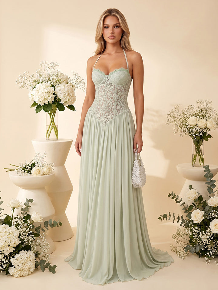A-Line/Princess Halter Sleeveless Floor-Length Bridesmaid Dresses with Applique &amp; Pleats