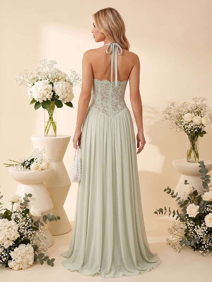 A-Line/Princess Halter Sleeveless Floor-Length Bridesmaid Dresses with Applique &amp; Pleats