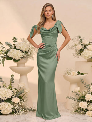 Trumpet/Mermaid Cowl Neck Sleeveless Floor-Length Bridesmaid Dresses With Bowknot & Ruched