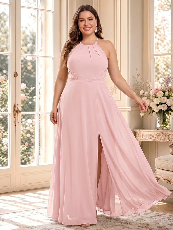 A-Line/Princess Halter Sleeveless Chiffon Floor-Length Plus Size Bridesmaid Dresses with Split Side & Pleats