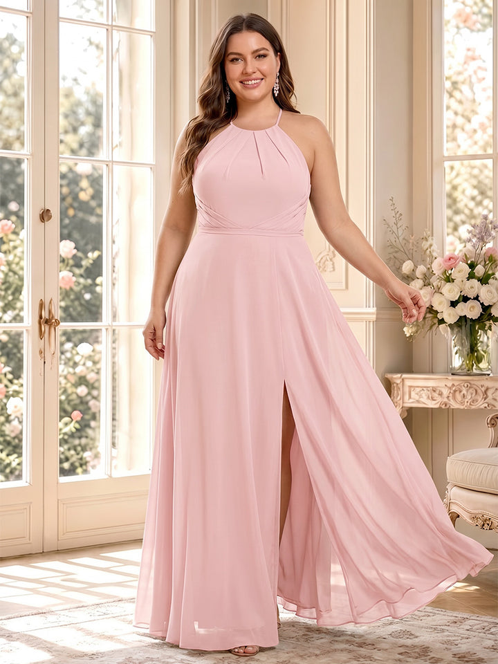 A-Line/Princess Halter Sleeveless Chiffon Floor-Length Plus Size Bridesmaid Dresses with Split Side &amp; Pleats