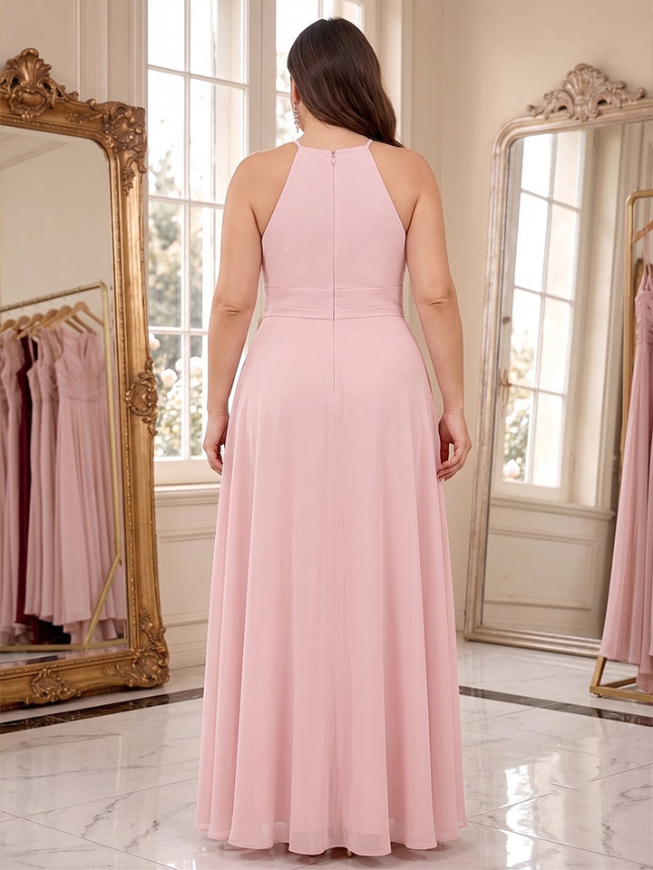 A-Line/Princess Halter Sleeveless Chiffon Floor-Length Plus Size Bridesmaid Dresses with Split Side &amp; Pleats
