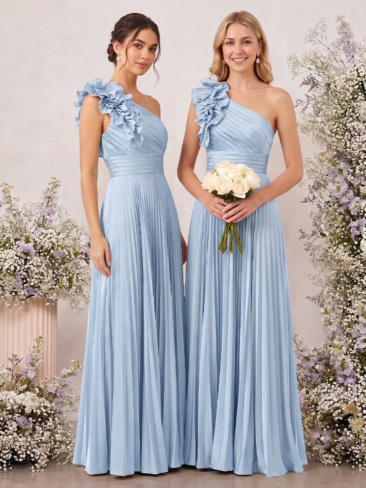 A-Line/Princess One-Shoulder Sleeveless Floor-Length Bridesmaid Dresses with Ruffles &amp; Pleats