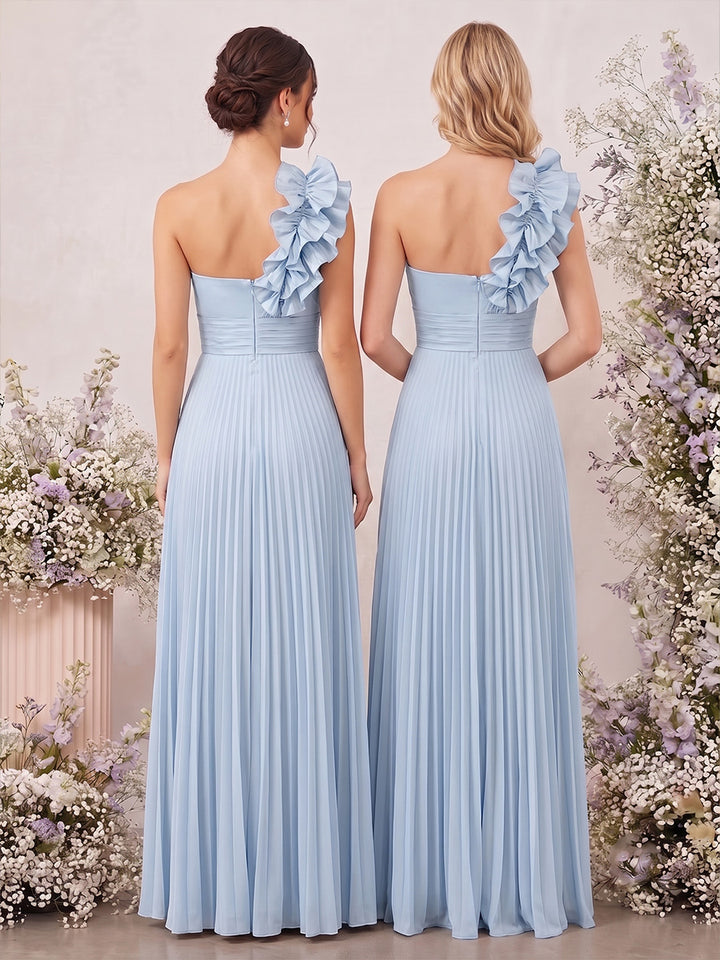 A-Line/Princess One-Shoulder Sleeveless Floor-Length Bridesmaid Dresses with Ruffles &amp; Pleats