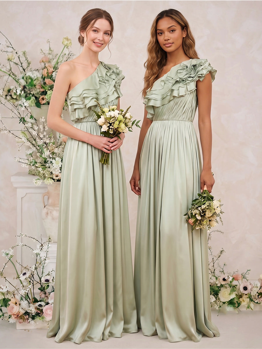 A-Line/Princess Sleeveless One-Shoulder Floor-Length Bridesmaid Dresses with Ruffles & Pleats