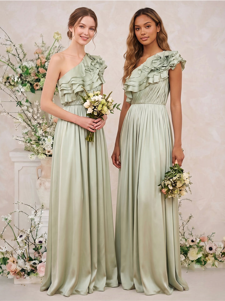 A-Line/Princess Sleeveless One-Shoulder Floor-Length Bridesmaid Dresses with Ruffles &amp; Pleats