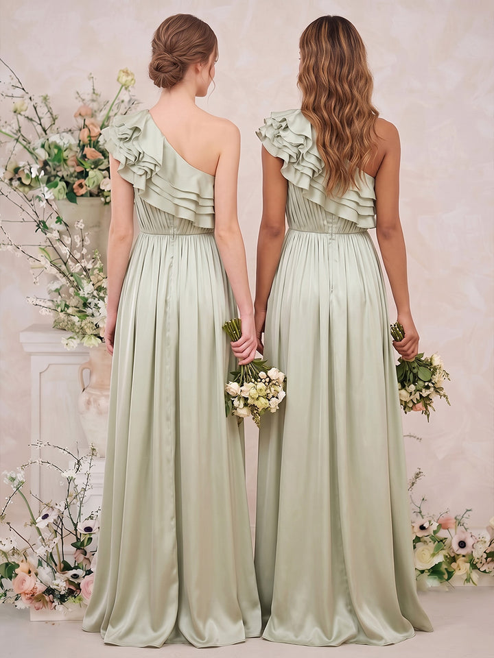 A-Line/Princess Sleeveless One-Shoulder Floor-Length Bridesmaid Dresses with Ruffles &amp; Pleats