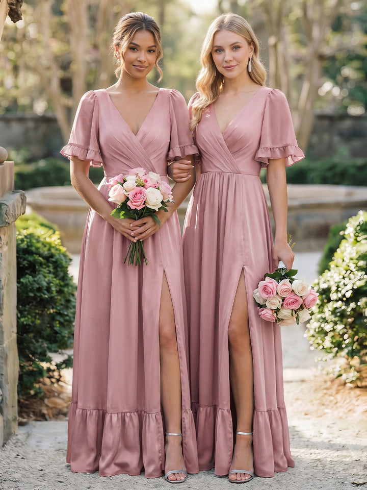 A-Line/Princess V-Neck Short Sleeves Floor-Length Long Bridesmaid Dresses with Ruffles &amp; Split Side