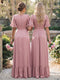 A-Line/Princess V-Neck Short Sleeves Floor-Length Long Bridesmaid Dresses with Ruffles & Split Side