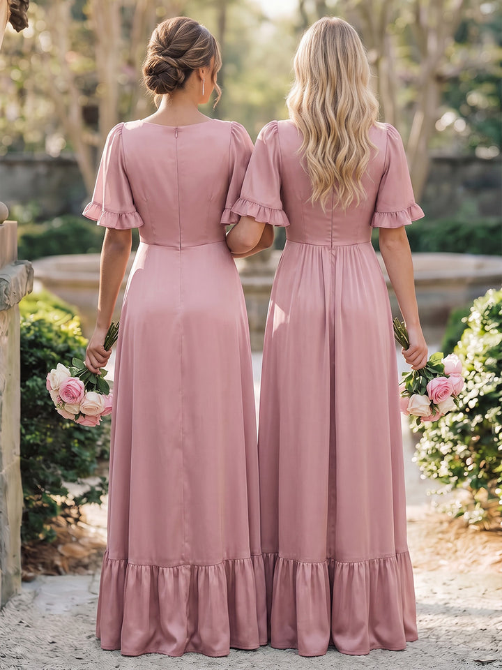 A-Line/Princess V-Neck Short Sleeves Floor-Length Long Bridesmaid Dresses with Ruffles &amp; Split Side