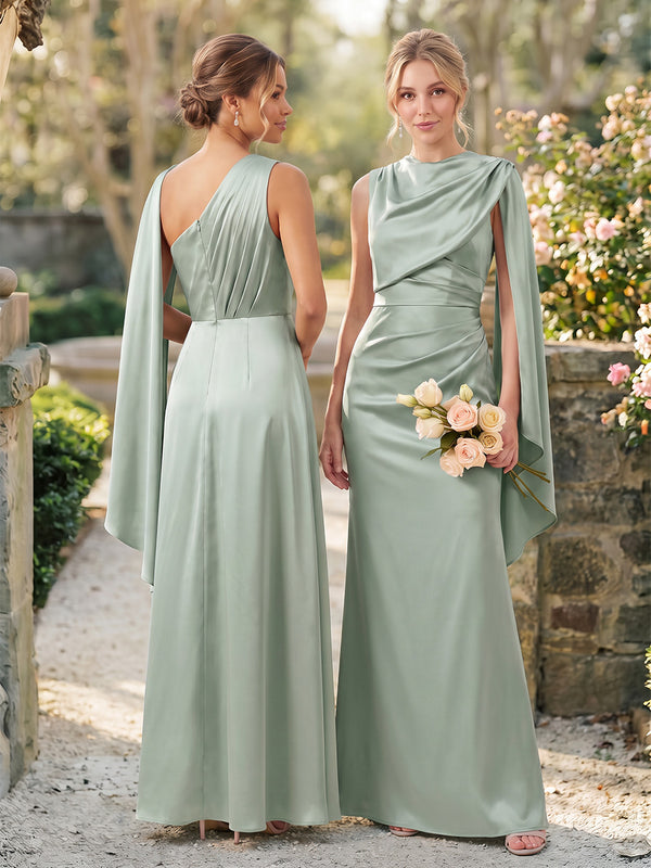 A-Line/Princess Scoop Sleeveless Asymmetrical Floor-Length Bridesmaid Dresses with Ruched