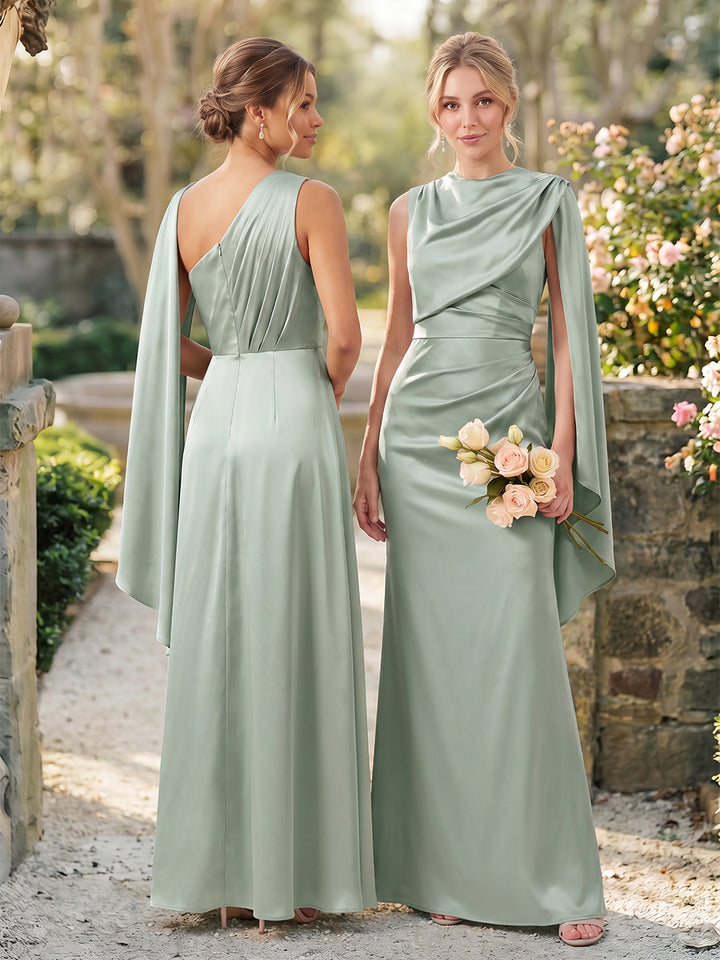 A-Line/Princess Scoop Sleeveless Asymmetrical Floor-Length Bridesmaid Dresses with Ruched