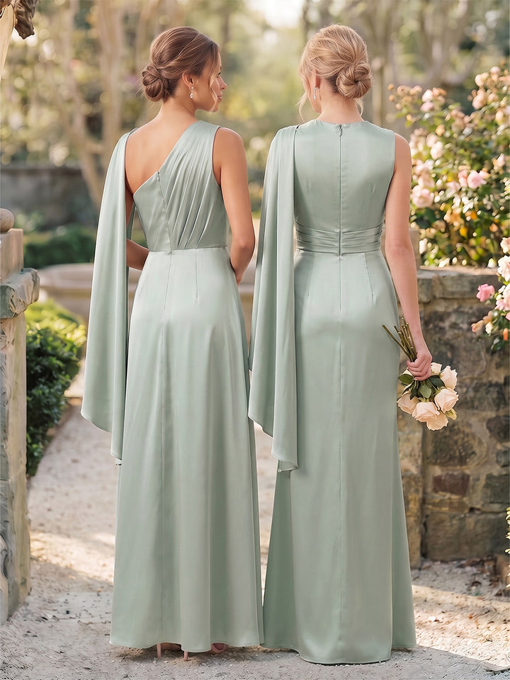 A-Line/Princess Scoop Sleeveless Asymmetrical Floor-Length Bridesmaid Dresses with Ruched