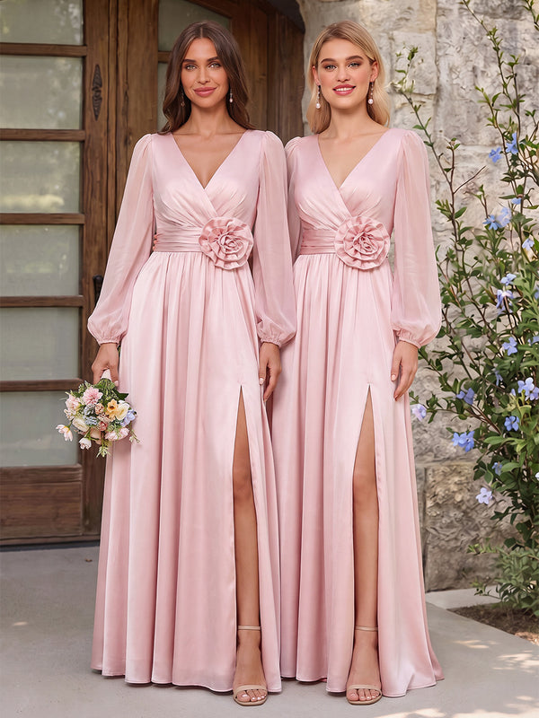 A-Line/Princess Long Sleeves V-Neck Floor Length Bridesmaid Dresses with Split Side & 3D Floral