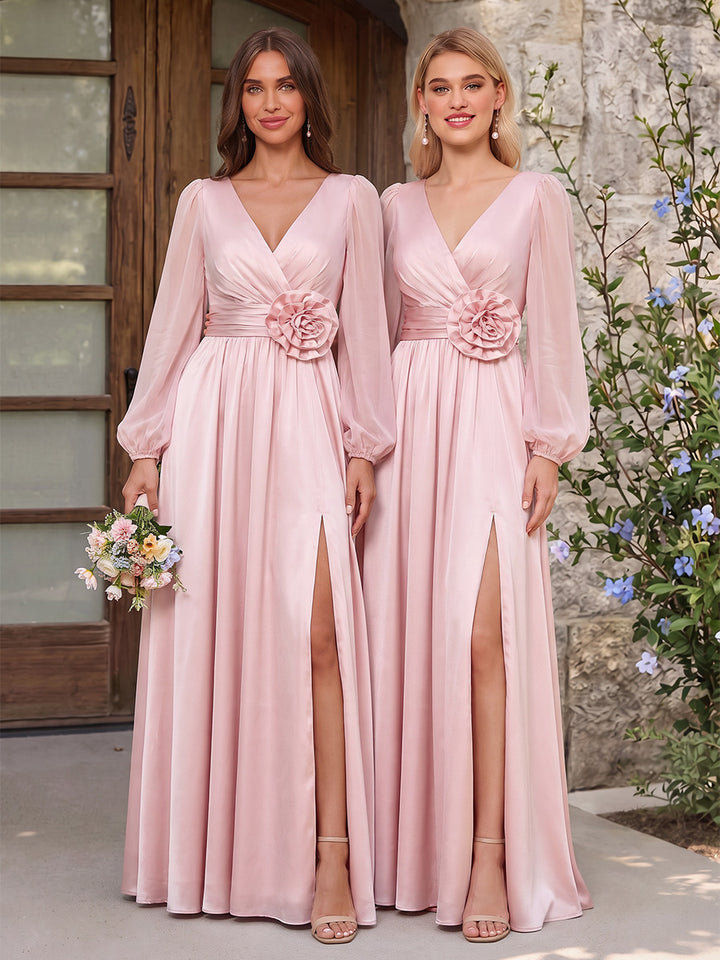 A-Line/Princess Long Sleeves V-Neck Floor Length Bridesmaid Dresses with Split Side &amp; 3D Floral