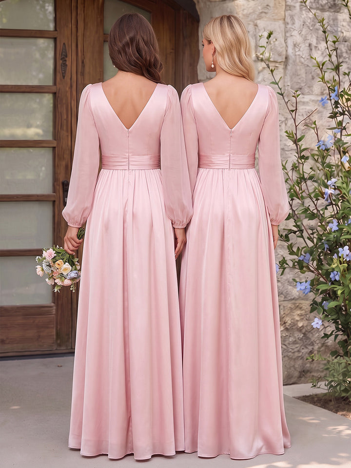 A-Line/Princess Long Sleeves V-Neck Floor Length Bridesmaid Dresses with Split Side &amp; 3D Floral