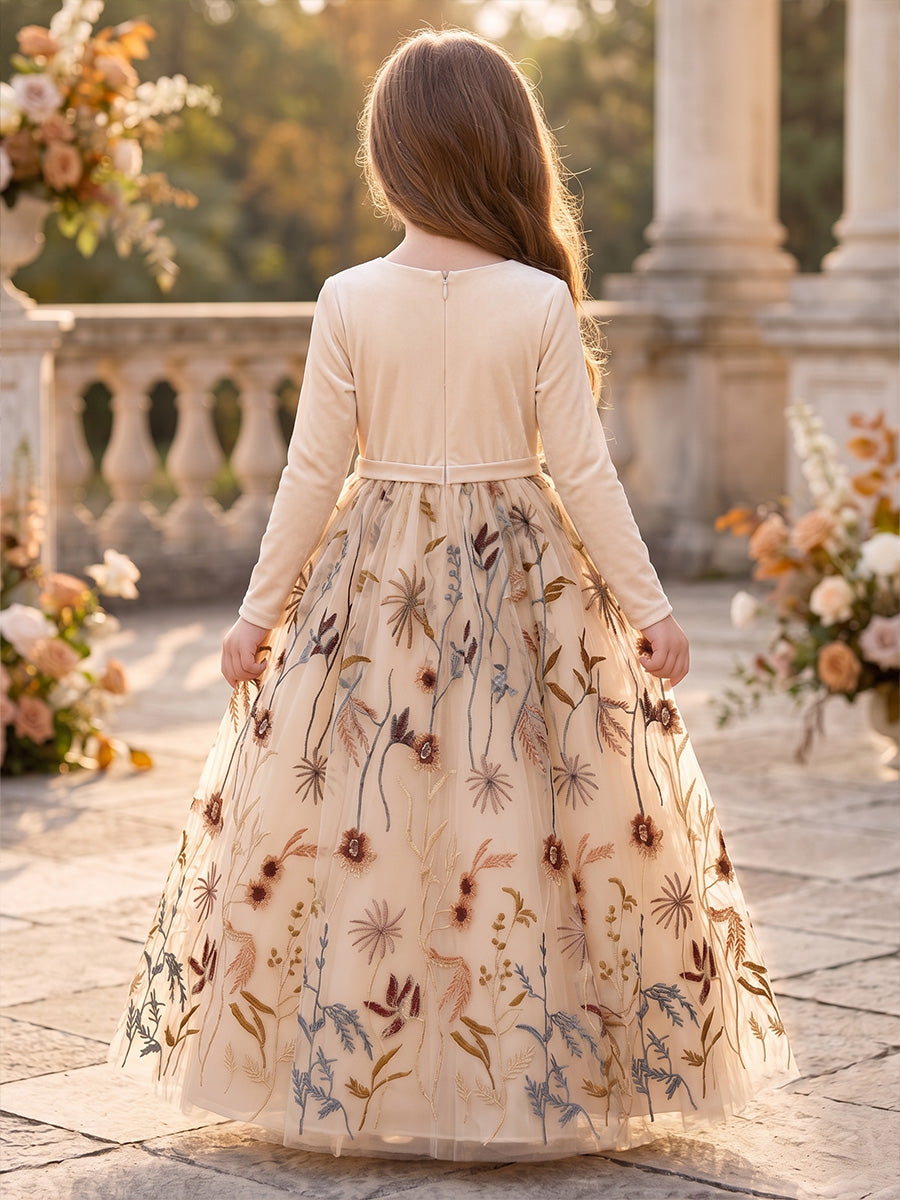 A-Line/Princess Scoop Long Sleeves Velvet Floor-Length Flower Girl Dresses with Embroidery
